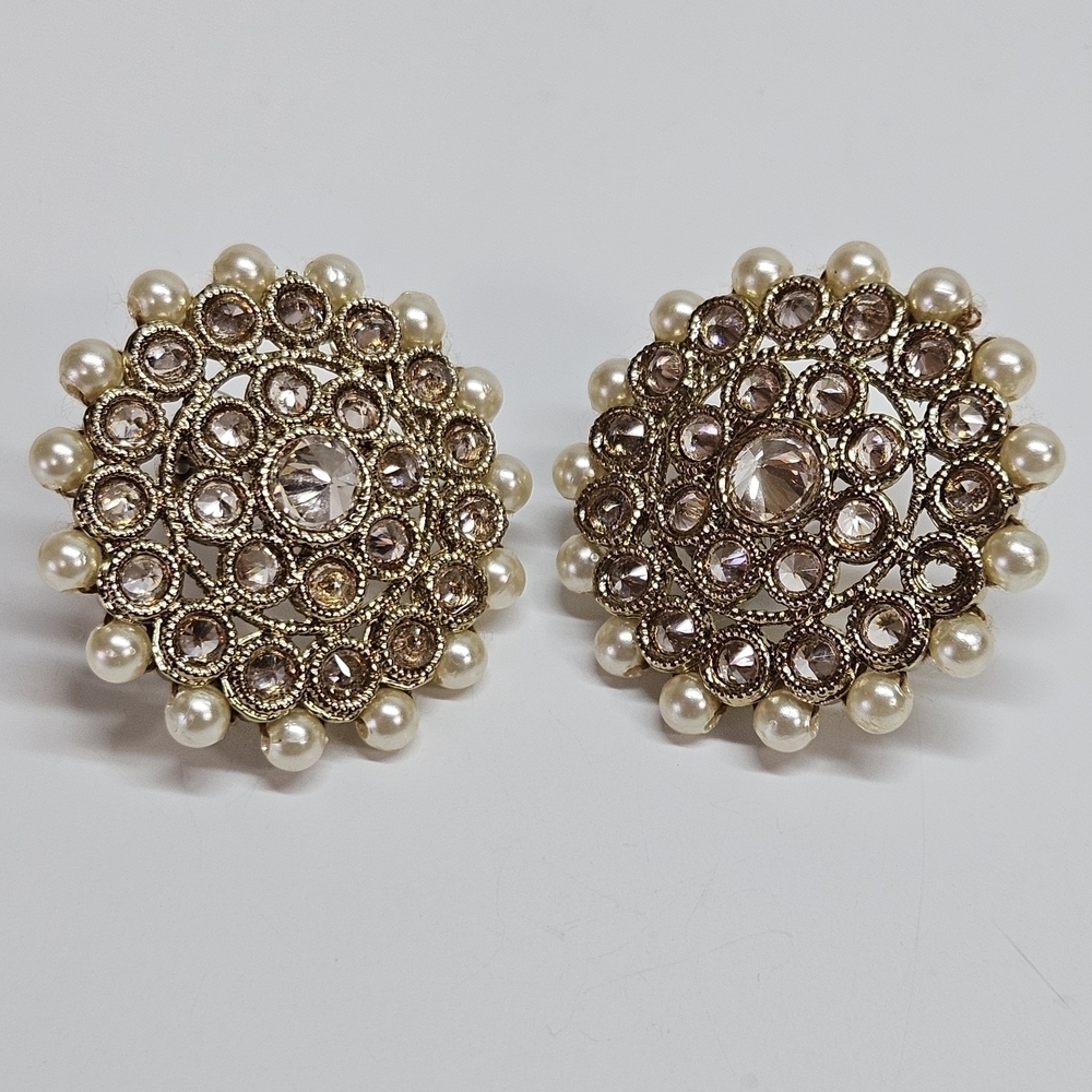 VINTAGE Pink Glass Rhinestone Faux Pearl Large Beaded Statement Post Earrings
